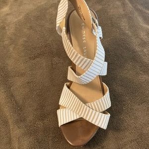 White/tan striped wedge heel